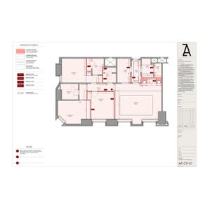 K&ouml;nnte beinhalten: Grundriss eines Geb&auml;udes mit roten und grauen Linien, die R&auml;ume und W&auml;nde kennzeichnen. Der Plan enth&auml;lt Ma&szlig;e in Fu&szlig;. Die Zeichnung ist mit "AP-CP-01" beschriftet.
