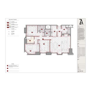 K&ouml;nnte beinhalten: Grundriss eines Geb&auml;udes mit roten und wei&szlig;en Fliesen. Der Plan zeigt die Anordnung der R&auml;ume und die Position von T&uuml;ren und Fenstern. Der Plan ist mit "AP-FF-01" beschriftet.