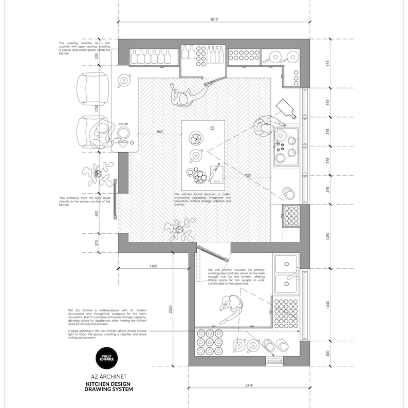 May include: A black and white blueprint of a kitchen design with dimensions labeled in feet. The kitchen features a large island with a sink and stovetop, cabinets, and a dining area. The text "AZ ARCHINET KITCHEN DESIGN DRAWING SYSTEM" is at the bottom of the blueprint.