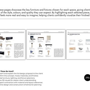 Puede incluir: Dise&ntilde;o de tres p&aacute;ginas que muestra selecciones de muebles y accesorios para dise&ntilde;o de interiores. Cada p&aacute;gina presenta ilustraciones de muebles, iluminaci&oacute;n y accesorios. El texto explica c&oacute;mo las selecciones ayudan a los clientes a visualizar su hogar terminado. El logotipo de Canva es visible.