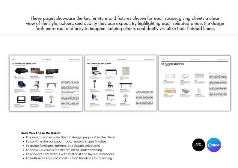 Puede incluir: Dise&ntilde;o de tres p&aacute;ginas que muestra selecciones de muebles y accesorios para dise&ntilde;o de interiores. Cada p&aacute;gina presenta ilustraciones de muebles, iluminaci&oacute;n y accesorios. El texto explica c&oacute;mo las selecciones ayudan a los clientes a visualizar su hogar terminado. El logotipo de Canva es visible.