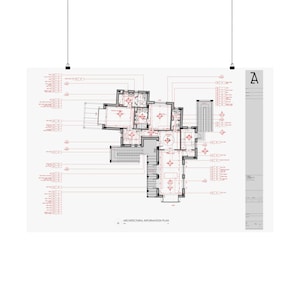 Op de afbeelding: Architectonisch informatieplan voor een huis met meerdere kamers, waaronder een keuken, woonkamer, slaapkamers en badkamers. Het plan toont de indeling van de kamers, de locatie van deuren en ramen, en de plaatsing van stopcontacten en armaturen.
