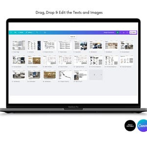 Puede incluir: Un ordenador port&aacute;til MacBook Pro muestra una interfaz de dise&ntilde;o de Canva. La pantalla muestra una variedad de plantillas de dise&ntilde;o, incluyendo dise&ntilde;os arquitect&oacute;nicos y mood boards. El texto "Drag, Drop & Edit the Texts and Images" es visible en la parte superior.