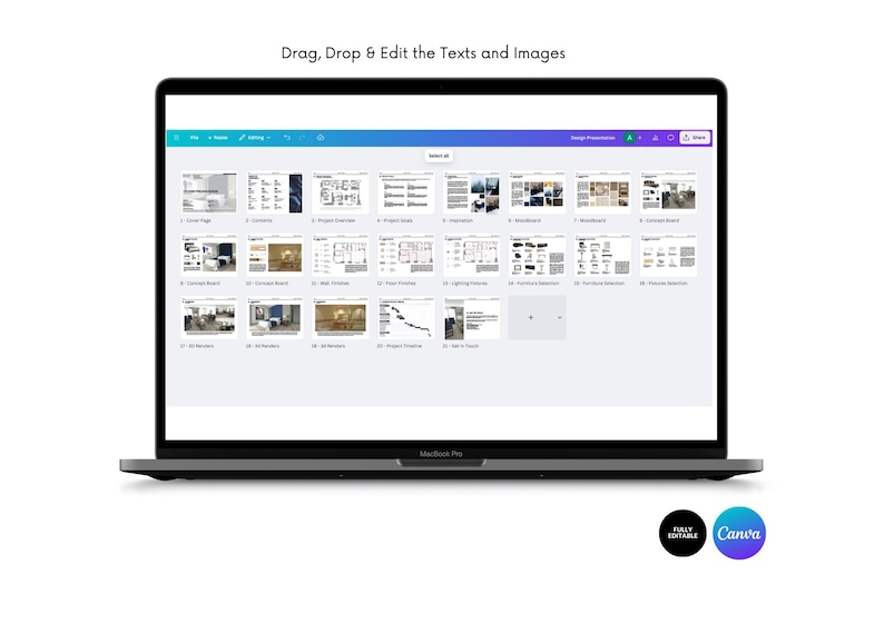 Puede incluir: Un ordenador port&aacute;til MacBook Pro muestra una interfaz de dise&ntilde;o de Canva. La pantalla muestra una variedad de plantillas de dise&ntilde;o, incluyendo dise&ntilde;os arquitect&oacute;nicos y mood boards. El texto "Drag, Drop & Edit the Texts and Images" es visible en la parte superior.