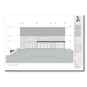 May include: A black and white architectural drawing of a house with a north elevation view. The drawing shows a two-story house with a large window on the front and a deck. The house is set on a sloped lot with a retaining wall.