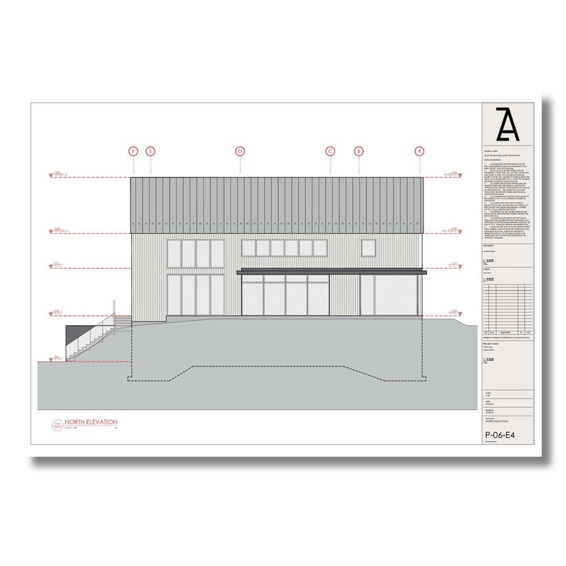 May include: A black and white architectural drawing of a house with a north elevation view. The drawing shows a two-story house with a large window on the front and a deck. The house is set on a sloped lot with a retaining wall.