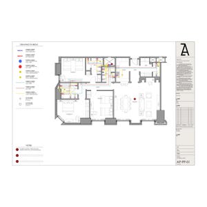 K&ouml;nnte beinhalten: Ein Grundriss eines Hauses mit verschiedenen R&auml;umen, darunter eine K&uuml;che, ein Wohnzimmer und Schlafzimmer. Der Plan zeigt die Anordnung der R&auml;ume sowie die Position von Steckdosen, Sanit&auml;ranlagen und anderen Merkmalen. Der Plan ist mit "AP-PP-01" beschriftet.