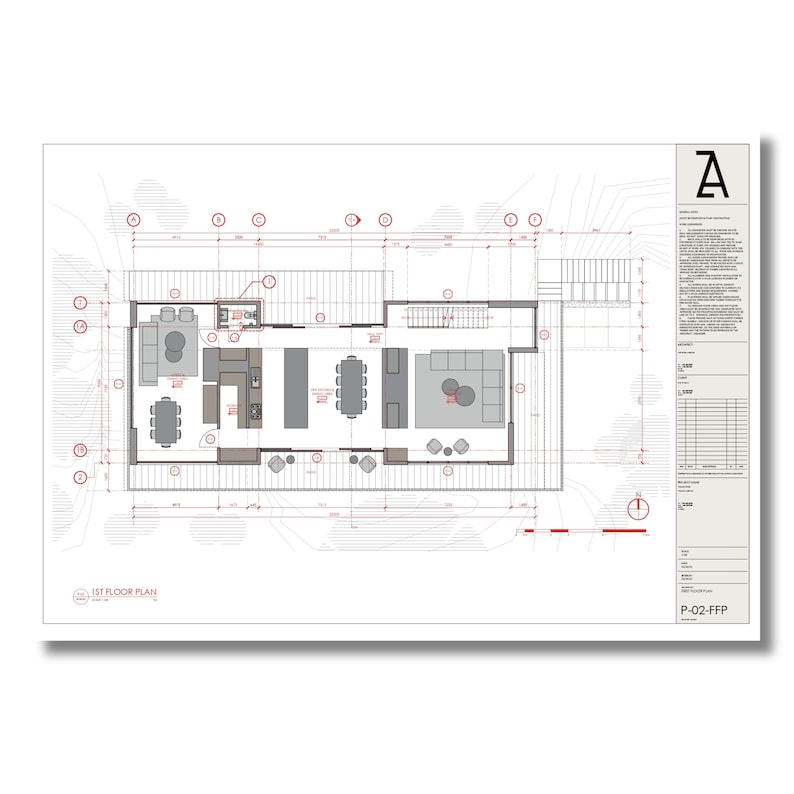 May include: A black and white architectural floor plan of a house with a living room, kitchen, and dining room. The plan includes furniture and dimensions. The text "1ST FLOOR PLAN" is in the bottom left corner and "P-Q2-FFP" is in the bottom right corner.