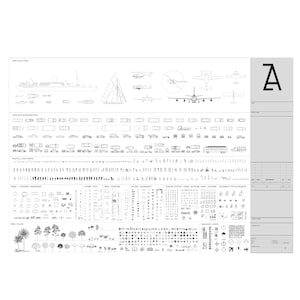 Pu&ograve; includere: Un disegno in bianco e nero di vari simboli da utilizzare nei progetti architettonici. I simboli includono persone, mobili, veicoli, elettrodomestici da cucina, accessori per il bagno e altro.