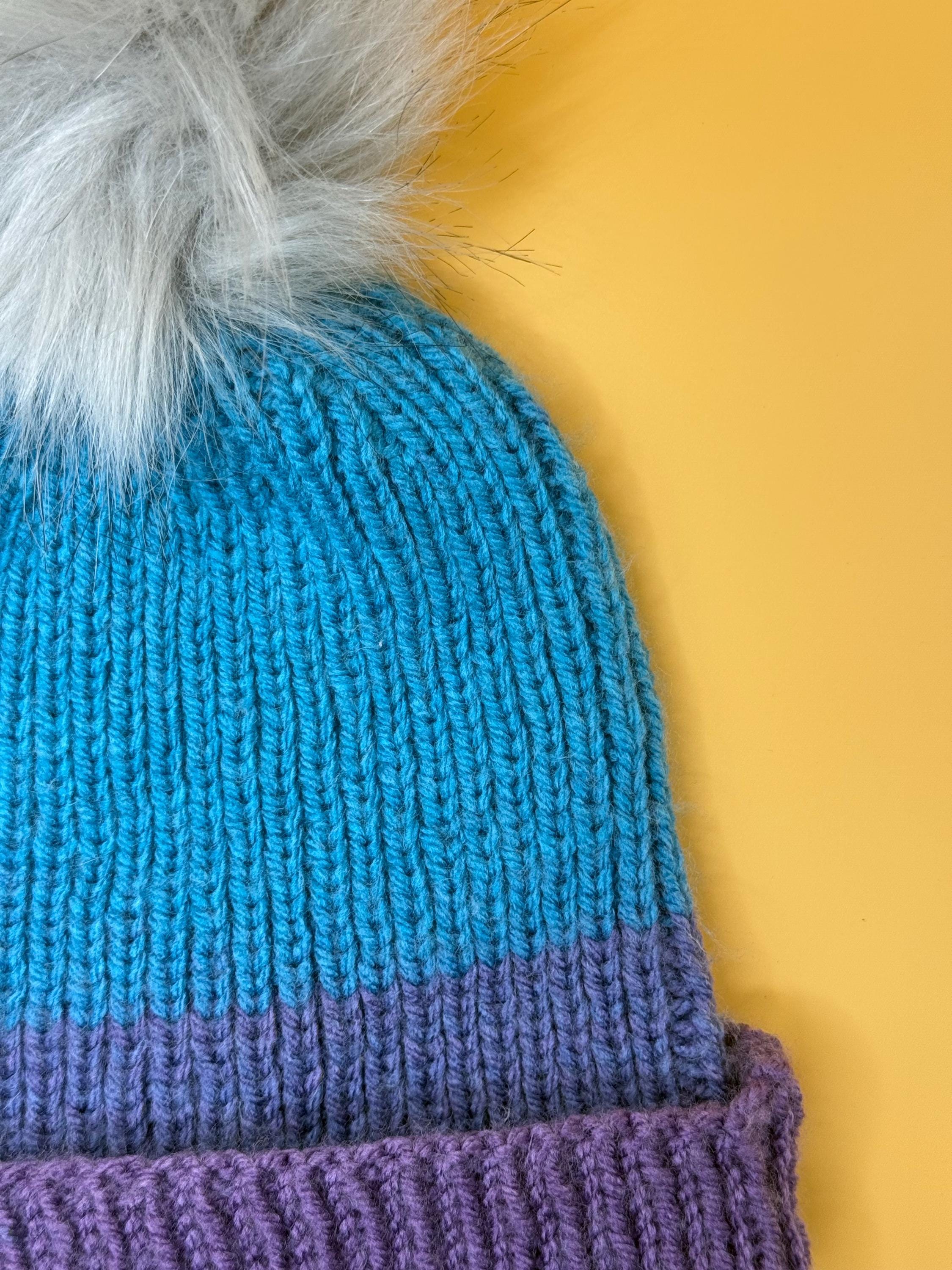 Handknit Colorblock Beanie Hat: Blue and Purple, Faux Fur 