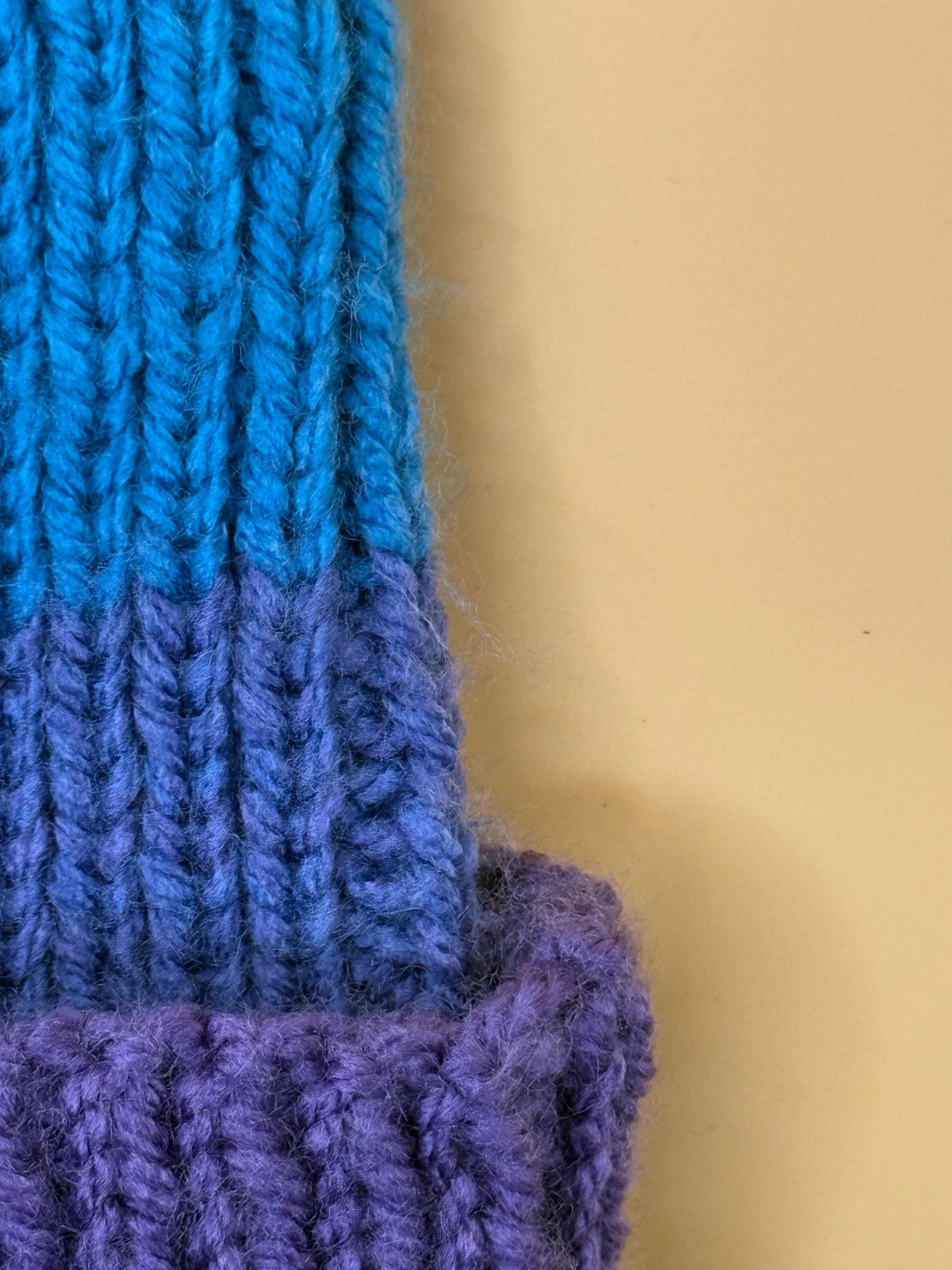 Handknit Colorblock Beanie Hat: Blue and Purple, Faux Fur  display picture 1
