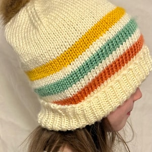 Handknit Striped Beanie Hat | Ivory with Mulit-Color Stripes and Faux Fur Pompom | Cozy Winter Hat | Adult size S