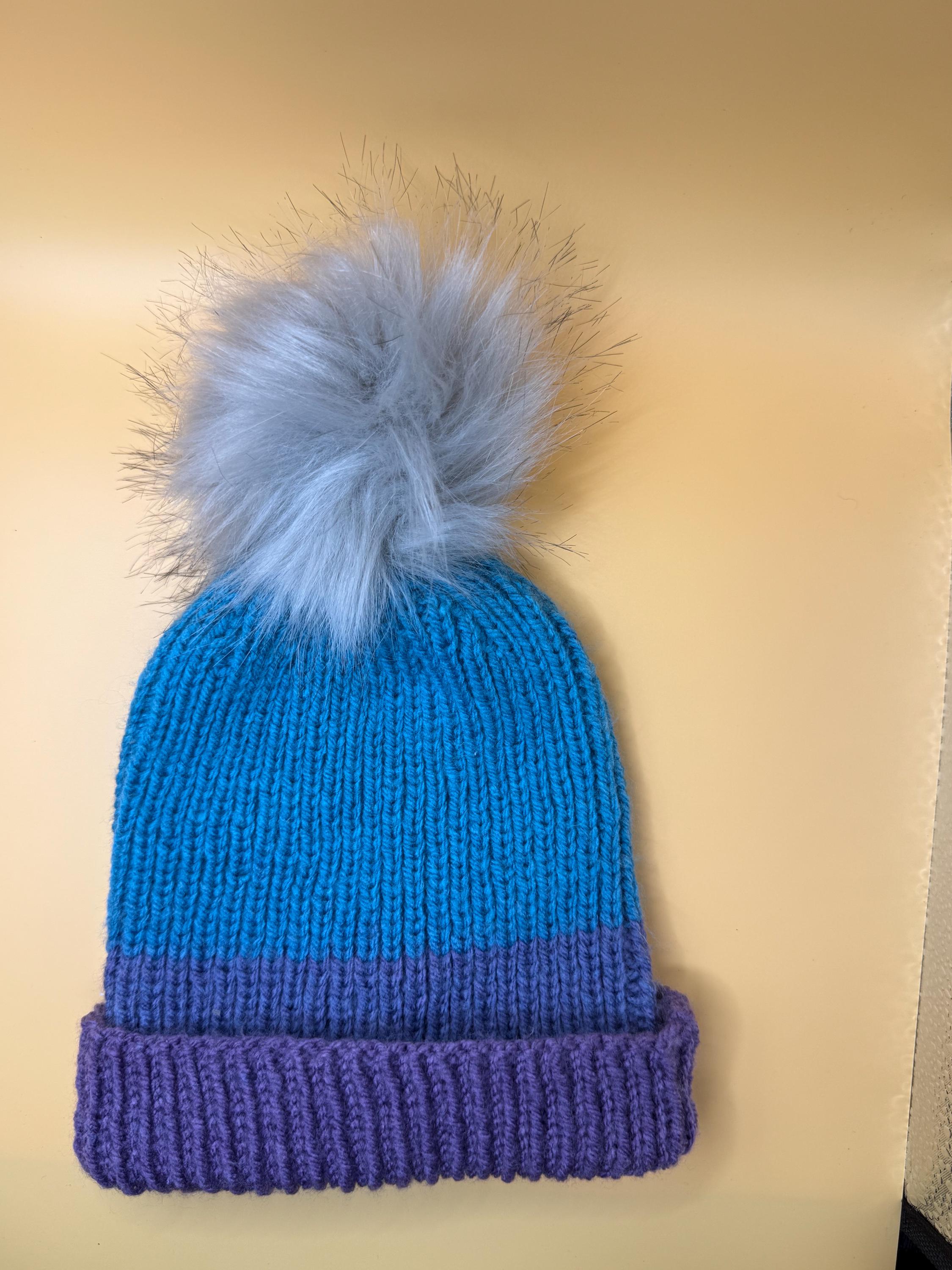 Hand Knit Beanie Style Hat, Purple and Blue, Purple Faux Fur Pom, Artisan Yarn Handknit Colorblock Beanie Hat: Blue and Purple, Faux Fur  main image 2