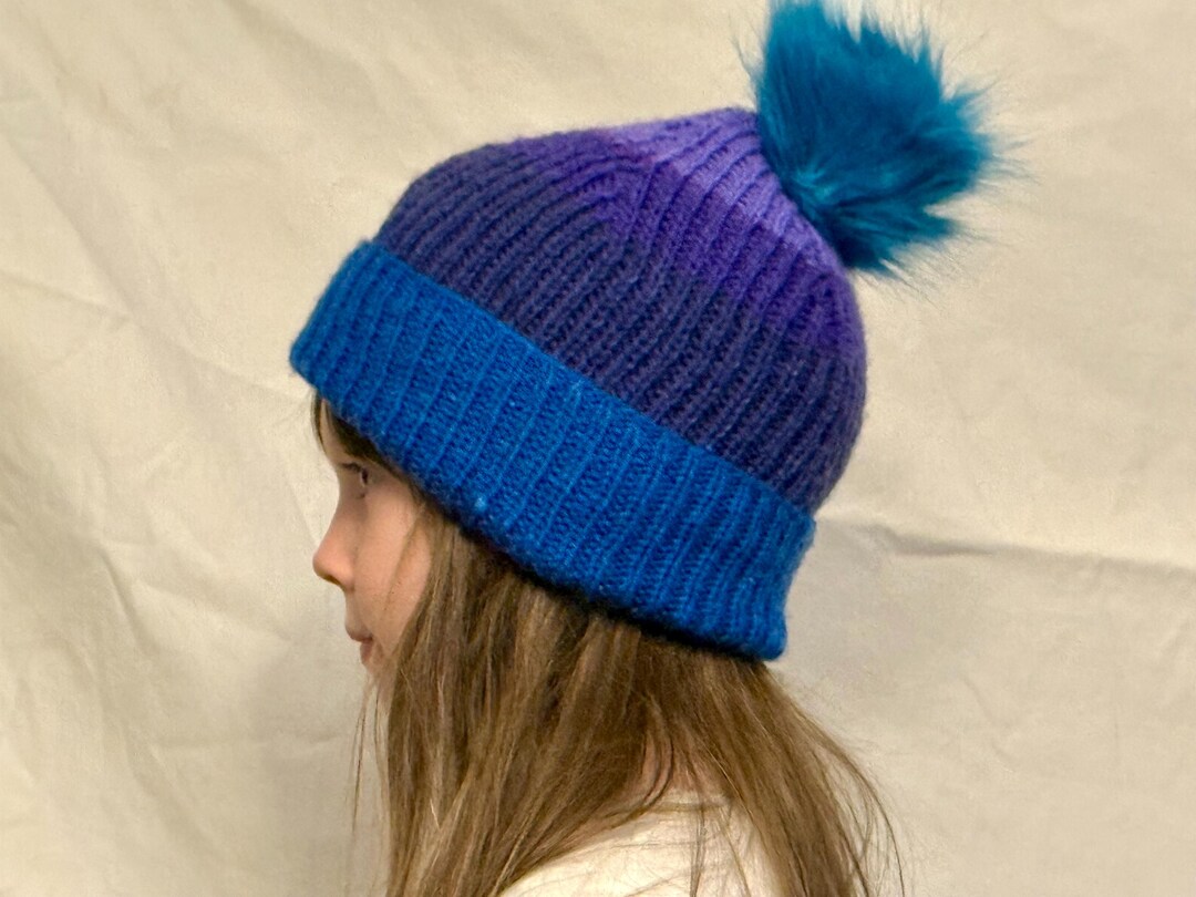 Hand Knit Beanie Style Hat, Purple and Blue, Purple Faux Fur Pom, Artisan Yarn Handknit Colorblock Beanie Hat: Blue and Purple, Faux Fur  main image 3