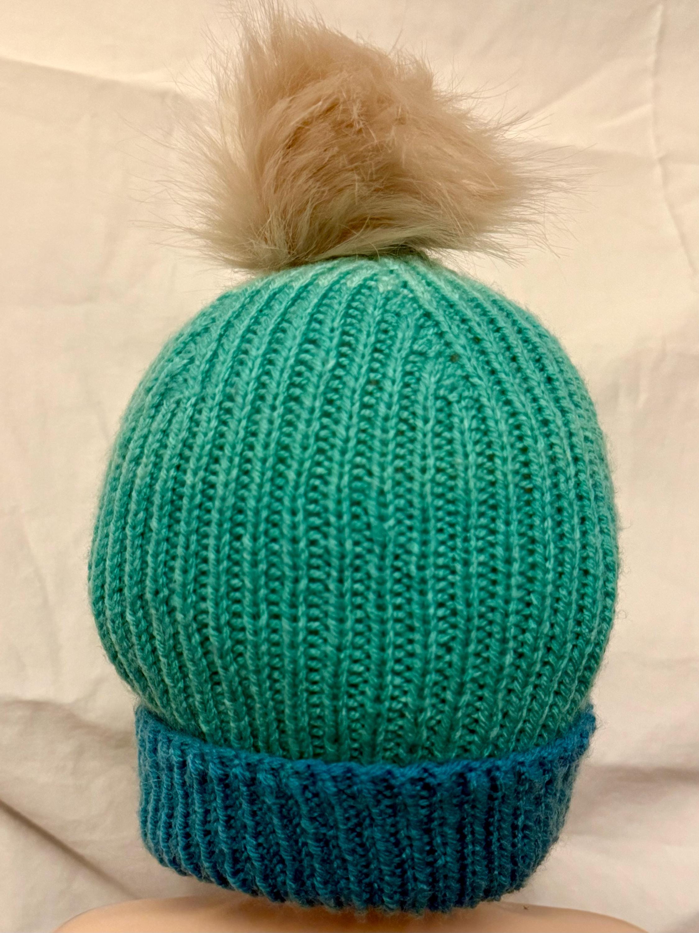 Handknit Colorblock Beanie: Teal & Blue Ribbed Hat With Faux  display picture 1