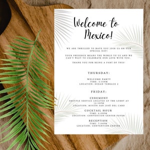 Plantilla de itinerario de bienvenida, tarjeta de cronograma de bodas, tarjetas de orden de eventos, itinerario de bienvenida para bodas, descarga instantánea, México