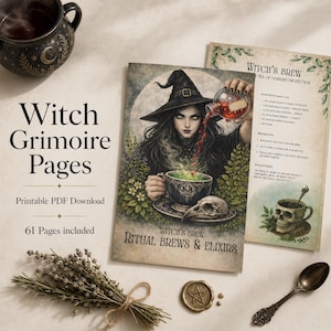 Witch Grimoire Pages PDF | Potion Recipes, Tea & Elixirs | Printable Book of Shadows | Herbal Spellbook | 61 Pages
