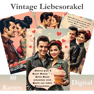 Amoureux et lèvres rouges – Oracle de l'amour vintage | Cartes Oracle rockabilly sur l'amour et le désir | Jeu de cartes PDF numérique à imprimer | Wicca