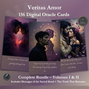 Könnte beinhalten: Digitales Orakelkartenset 'Veritas Amor'. Das Bild zeigt drei Karten mit romantischen Illustrationen und Zitaten. Der Text enthält '156 Digitale Orakelkarten' und 'Komplettes Bundle - Bände I & II'. Die Karten haben ein lila und rosa Farbschema.