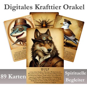 Krafttier Orakel Karten | Steampunk Spirit Tiere | Digitale Tierbotschaften & magisches Orakeldeck |Mechanische Tarotkarten|Wicca|Wahrsagung