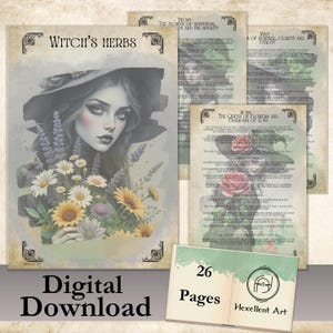 Könnte beinhalten: Digitaler Download mit einer Hexenillustration, die Blumen hält, mit dem Text "Witch's Herbs". Zusätzliche Seiten zeigen Pfingstrose, Minze und Rose, mit dem Text "26 Pages" und "Hexellent Art."