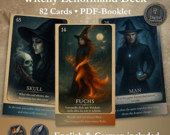 Witchy Lenormand Deck PDF | 82 Printable Lenormand Cards | Digital Oracle Cards DE & EN | Dark Fortune Telling Deck | Via Incantata