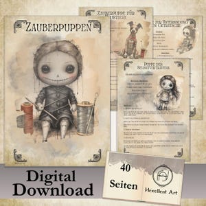 Könnte beinhalten: Ein digitaler Download eines 40-seitigen Leitfadens zur Herstellung von Zauberpuppen. Das Cover zeigt eine gruselige Puppe mit genähten Augen und Mund, die eine Nadel und Faden hält. Der Text auf dem Cover lautet "Zauberpuppen" und "Digitaler Download".