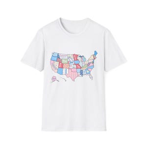Carte des Etats-Unis du 4 juillet T-shirt unisexe | T-shirt souple pour voyageurs, aventuriers, cadeaux pour un voyage sur la route, fierté nationale, tenue décontractée