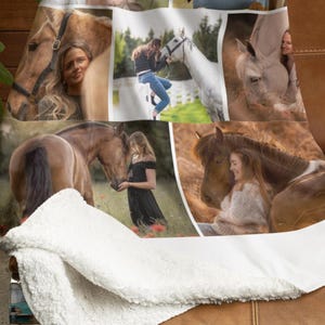 May include: A personalised photo blanket with multiple images of horses and people. The blanket has a white, fluffy sherpa backing and a collage of photographs on the front. The images show horses with people, creating a sentimental and cosy item.