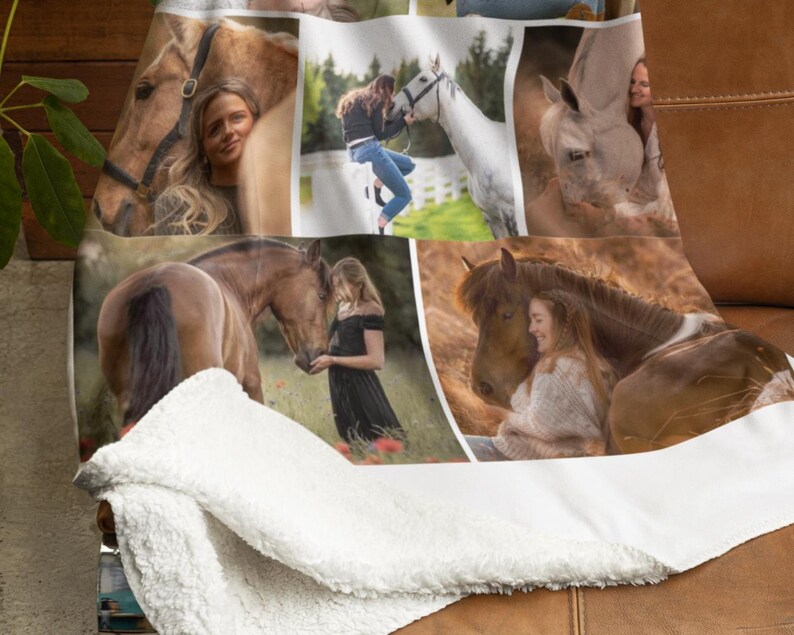 May include: A personalised photo blanket with multiple images of horses and people. The blanket has a white, fluffy sherpa backing and a collage of photographs on the front. The images show horses with people, creating a sentimental and cosy item.