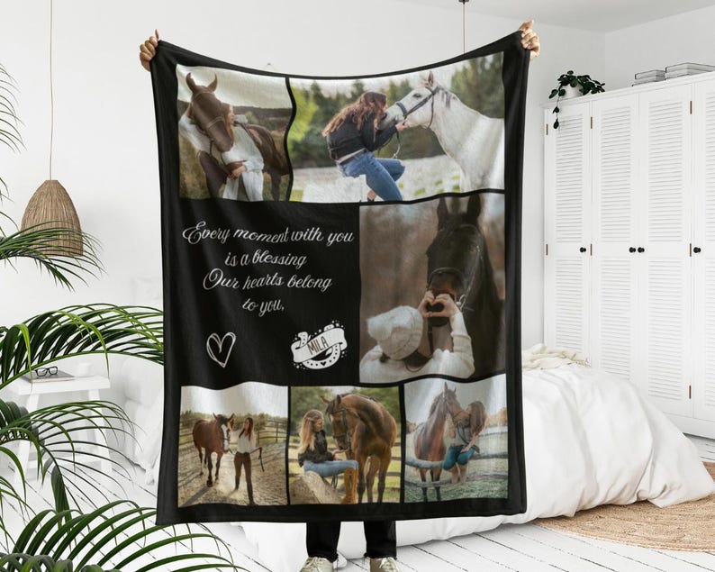 May include: Black fleece blanket with a collage of horse photographs. The blanket has the text "Every moment with you is a blessing Our hearts belong to you." and a heart symbol. A personalized name is also included.