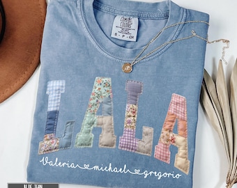 Custom Faux Patchwork Lala Shirt, Personalized Grandparent Gift, Floral Name Tee