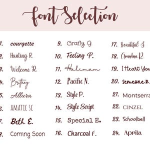 May include: A light pink background with the words "font Selection" in a cursive font. Below, 24 font styles are listed with their names and numbers, including "courgette", "Brittany", and "Beth E."