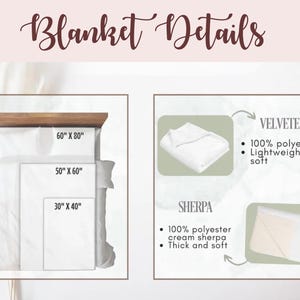 May include: Image detailing blanket sizes: 152cm x 203cm, 127cm x 152cm, and 76cm x 101cm. It shows Velveteen blankets, 100% polyester, lightweight and soft, and Sherpa blankets, 100% cream polyester sherpa, thick and soft. Text reads "Blanket Details".
