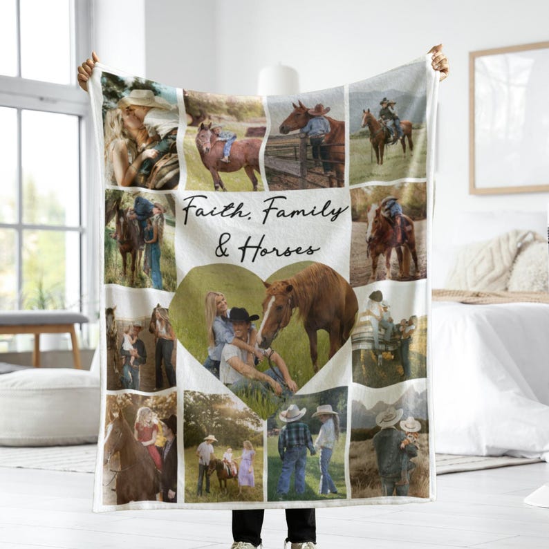 May include: A white fleece blanket with a photo collage of people with horses. The blanket has a heart-shaped photo in the center and the words "Faith, Family & Horses" in black script.
