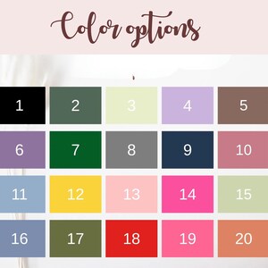 May include: A colour chart with twenty numbered colour swatches. The text "Colour options" is written in a cursive font at the top. The swatches include black, green, yellow, pink, and other colours.