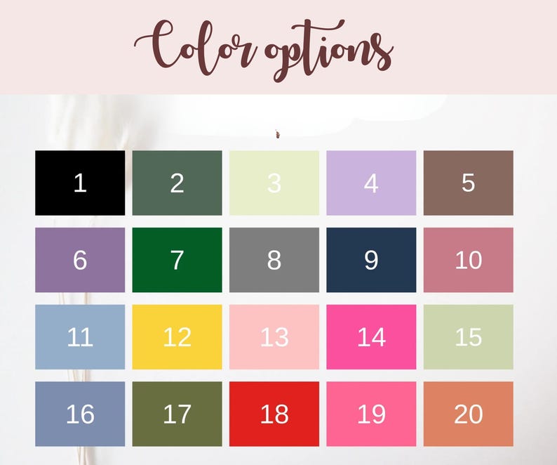 May include: A colour chart with twenty numbered colour swatches. The text "Colour options" is written in a cursive font at the top. The swatches include black, green, yellow, pink, and other colours.
