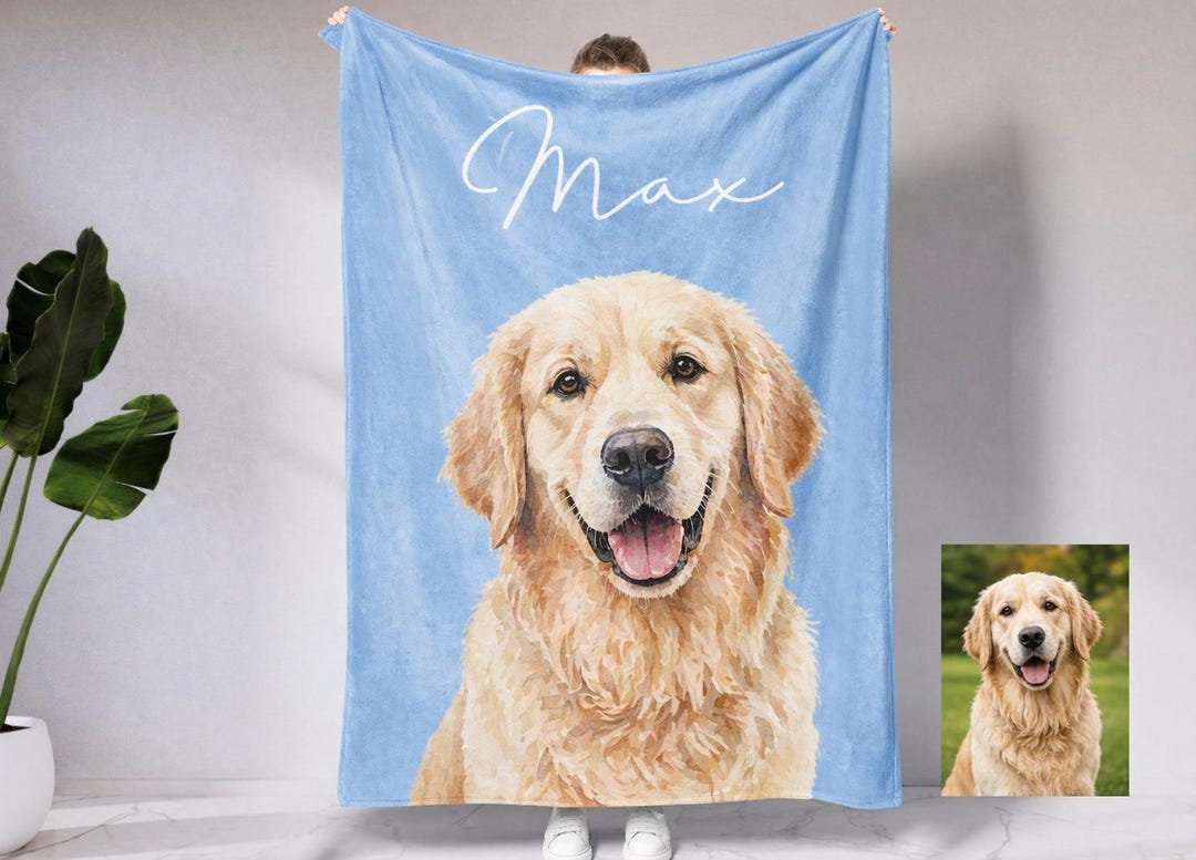 Custom Pet Photo Blanket With Name, Personalized Dog Portrait Blanket ...