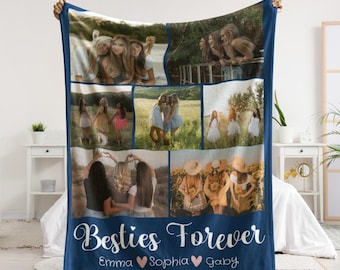 Personalized Best Friend Photo Blanket Collage, Custom Besties Throw Blanket with Names, BFF Soul Sister Friendship Memorial Gift,Photo Gift