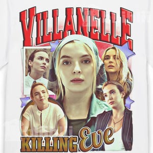 Peut inclure: T-shirt blanc avec un motif graphique. Le motif présente le mot "Villanelle" en lettres rouges en bloc au-dessus de plusieurs images d'une femme. Les mots "Killing Eve" et "Eve" sont en marron et or.