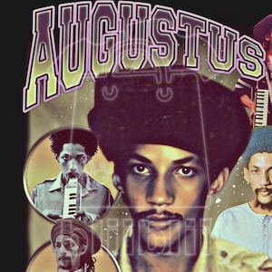 May include: A graphic design featuring the name "AUGUSTUS" in a purple and white outlined font. The image includes portraits of a man with a mustache and a hat, along with other smaller portraits. The background is dark.