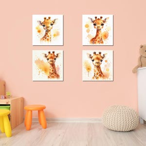 Cute Giraffe Nursery Wall Art –Set of 4 Safari Animal Prints–Square Watercolor Giraffe Prints–Jungle Theme Baby Room Decor–Digital Download