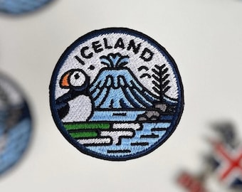 Broderad lapp med isländsk vulkan och lunnefågel, stryk-på-souvenir, gåva för naturälskare, minnessak för äventyrsresor, nordiskt djurliv, 6 x 6 cm