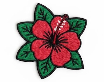 Broderad hibiskusblomma med tropisk blommig lapp för jackor, väskor och totes