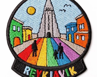Reykjavik Island Broderad Tygmärke Hallgrimskirkja Kyrka Regnbågsväg Stryk-på Sy-på Tygmärke
