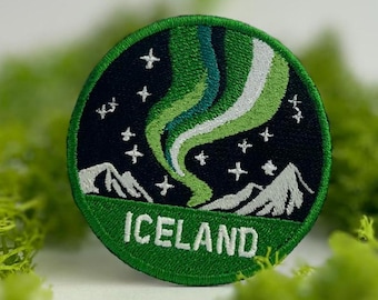 Norrsken Aurora Borealis Island-märke, Stryk-på-broderad souvenir, resegåva för naturälskare, äventyr, 6 cm, enkel att applicera