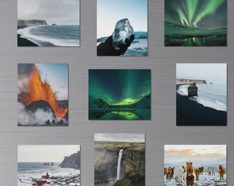 Set med 9 souvenirmagneter från Island + GRATIS magnet med isländsk flagga, högkvalitativa reseminnen, ramlösa, 8x6,5 cm, vacker hem- och kontorsdekoration
