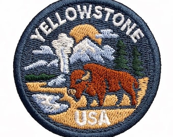 Yellowstone National Park Embroidered Patch Bison Geyser Round 6cm Iron On Sew On USA