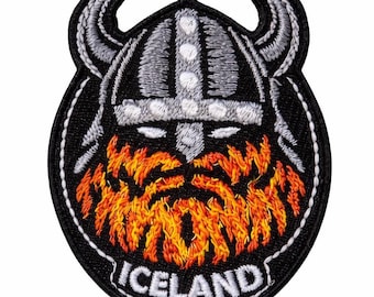 Island Viking Broderad Tygmärke Flamma Skägg Stryk-på eller Sy-på Nordisk Hjälm Tygmärke