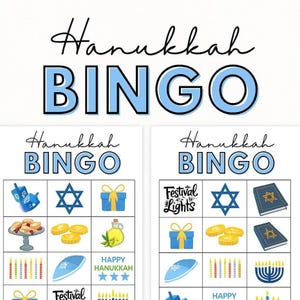 Puede incluir: Un juego de Bingo de Janucá con una combinación de colores azul y blanco. El tablero del juego presenta varias imágenes temáticas de Janucá, como un dreidel, una Estrella de David y una menorá. Las palabras "Janucá Bingo" están escritas.